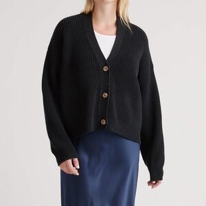 Quince Cotton Fisherman Boxy Cropped Cardigan Small Black